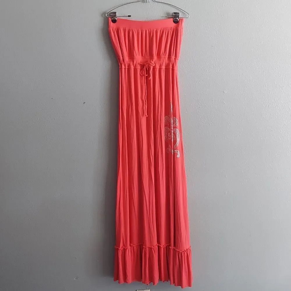 Christina Love Pink Strapless Maxi Dress, Drawstring Waist, Tiered Hem Large
